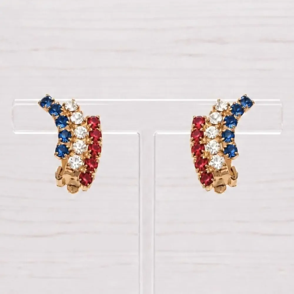 Vintage Clip On Earrings Stunning Red, White, Blue Gems - 4th of July / USA